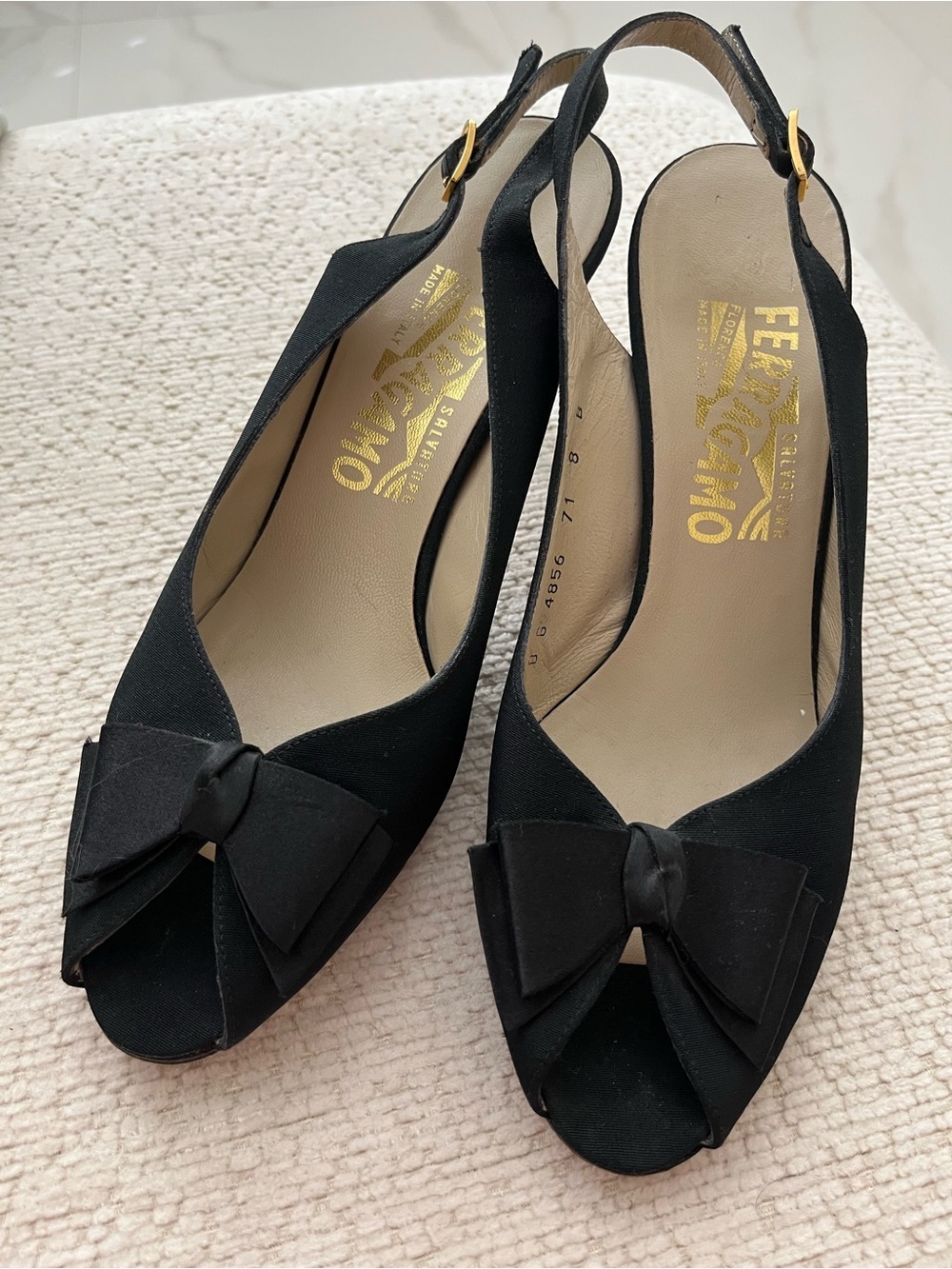 Salvatore Ferragamo Black Peep-Toe Slingback Heels with Bow Accent